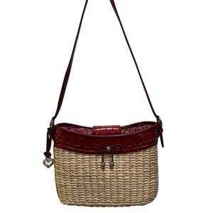 Vintage Brighton Red Leather & Woven Straw Emma Handbag Purse w/Silver Hardware
